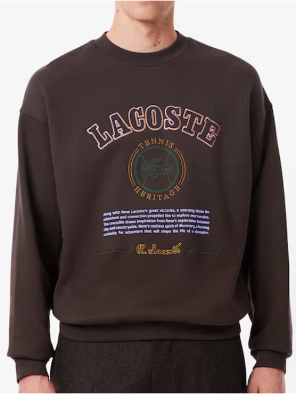 Lacoste Tennis Heritage Crew Neck Sweatshirt Embroidered Brown Men’s Sz L